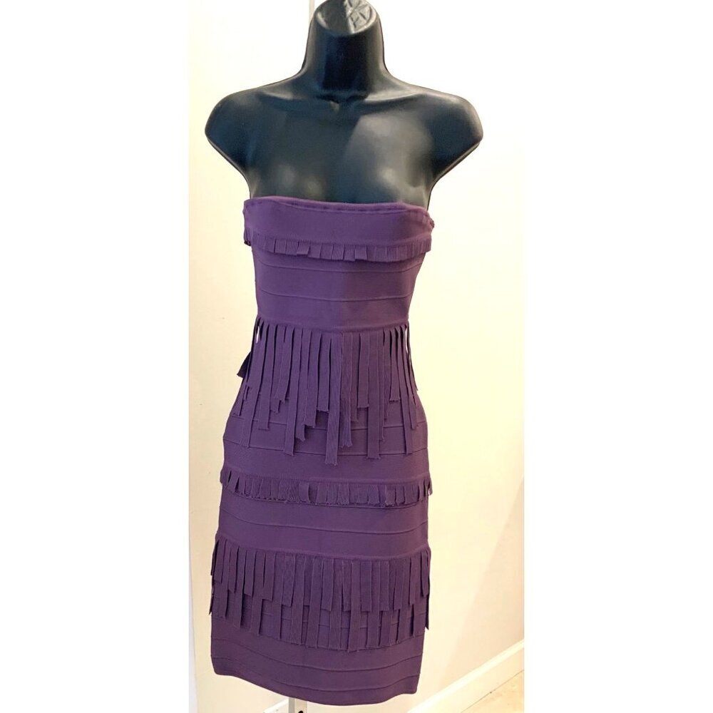 Herve Leger Purple Strapless Fringe Bandage Dress